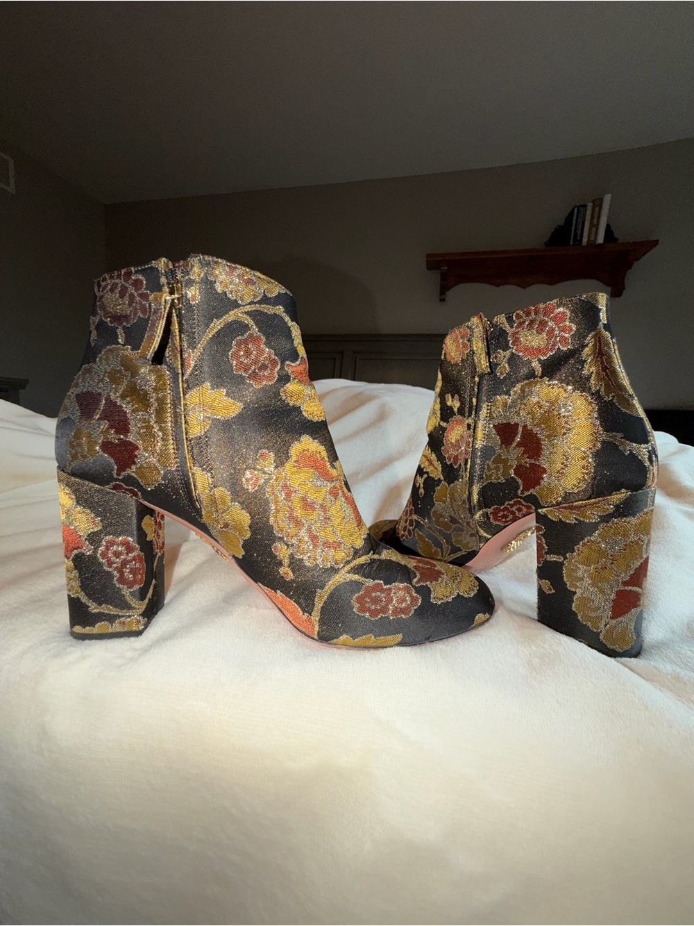 Aquazzura Black Brocade boots with Gold Pineapple Accent